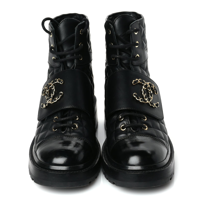  Chanel Shiny Calfskin Quilted Lace Up Combat Boots 39 Black