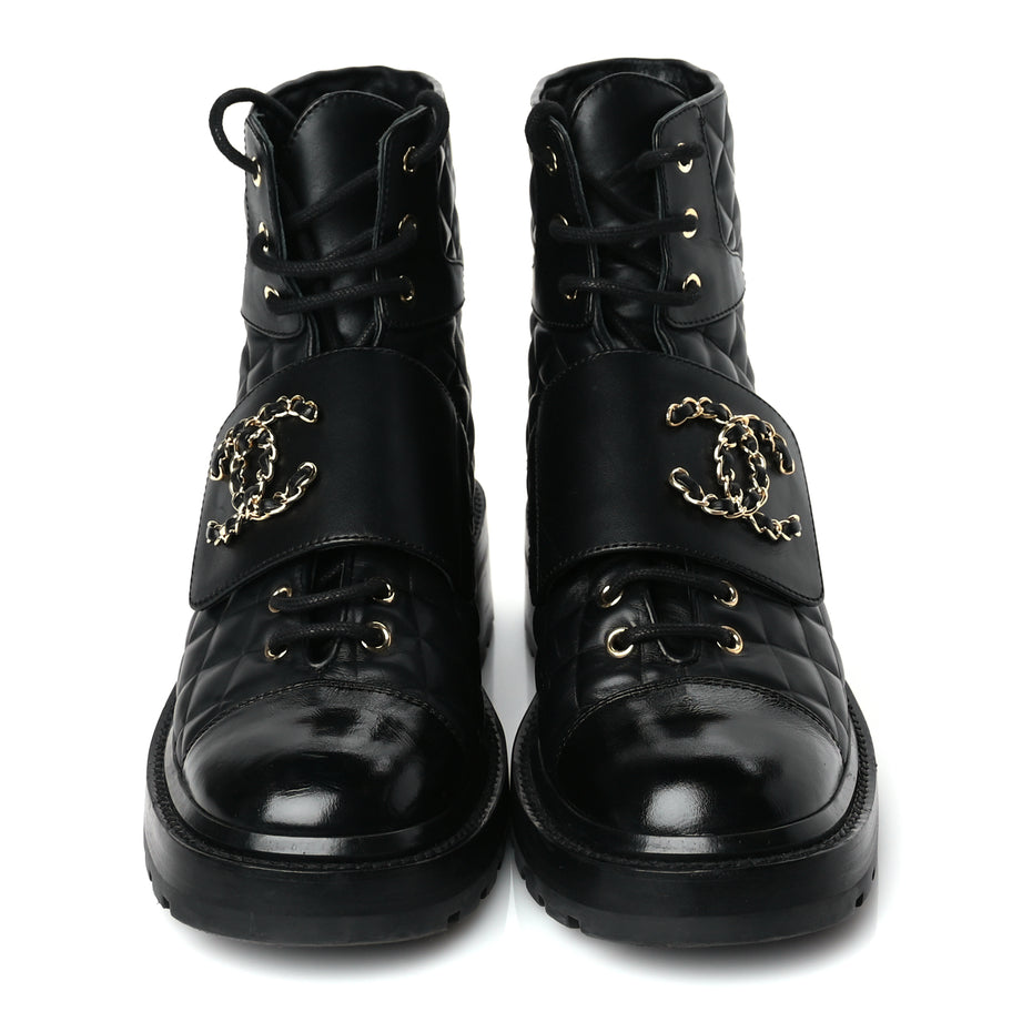 Chanel Shiny Calfskin Quilted Lace Up Combat Boots 39 Black Image 2
