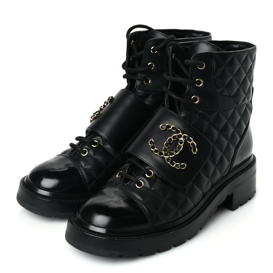 Chanel Shiny Calfskin Quilted Lace Up Combat Boots 39 Black Image 3