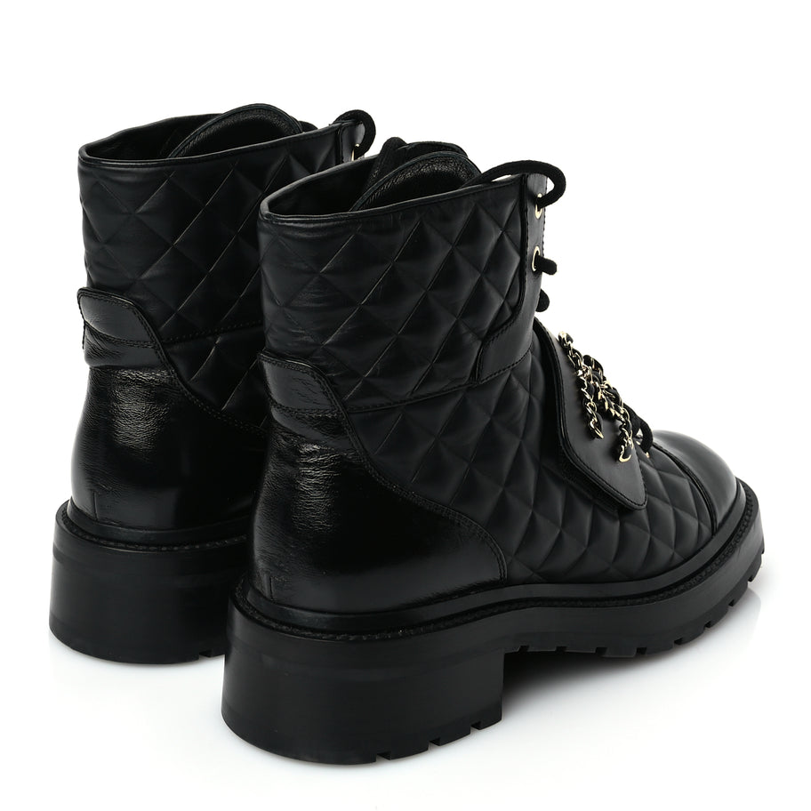 Chanel Shiny Calfskin Quilted Lace Up Combat Boots 39 Black Image 4