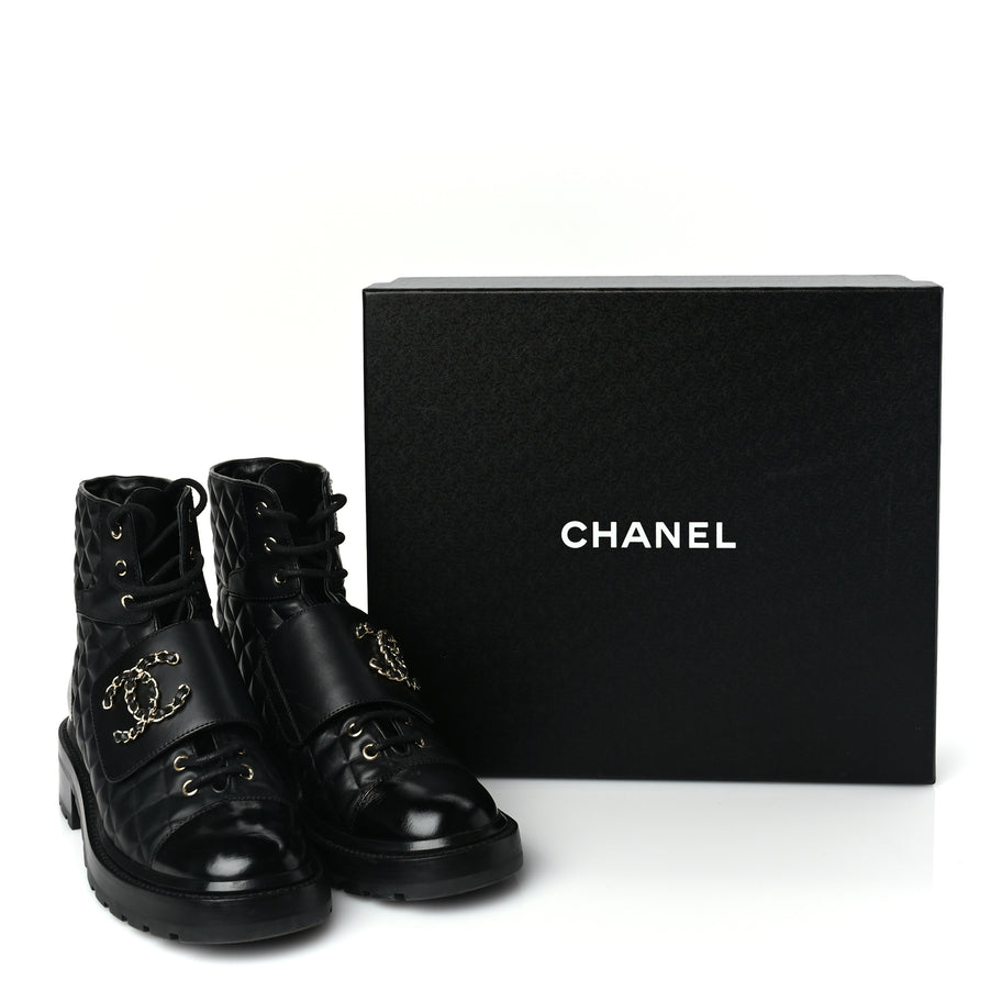 Chanel Shiny Calfskin Quilted Lace Up Combat Boots 39 Black Image 8