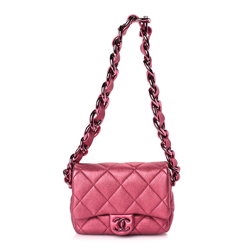  Chanel Metallic Lambskin Quilted Mini Lacquered Chain Flap  Pink