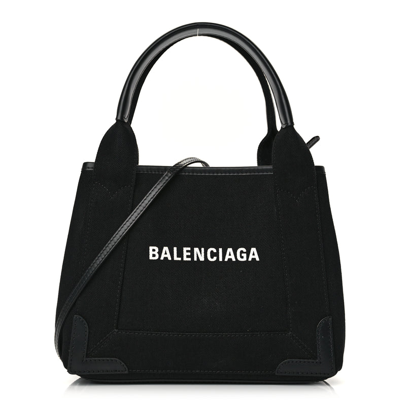  Balenciaga Cotton Canvas Calfskin Navy Cabas XS Black