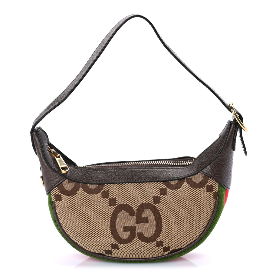Gucci Monogram Jumbo GG Textured Dollar Calfskin Web Mini Ophidia Half Moon Hobo Camel Ebony New Acero Image 1