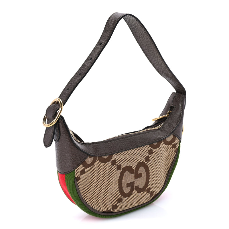  Gucci Monogram Jumbo GG Textured Dollar Calfskin Web Mini Ophidia Half Moon Hobo Camel Ebony New Acero