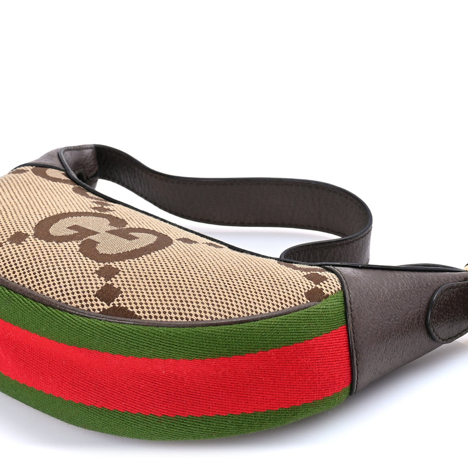 Gucci Monogram Jumbo GG Textured Dollar Calfskin Web Mini Ophidia Half Moon Hobo Camel Ebony New Acero Image 8