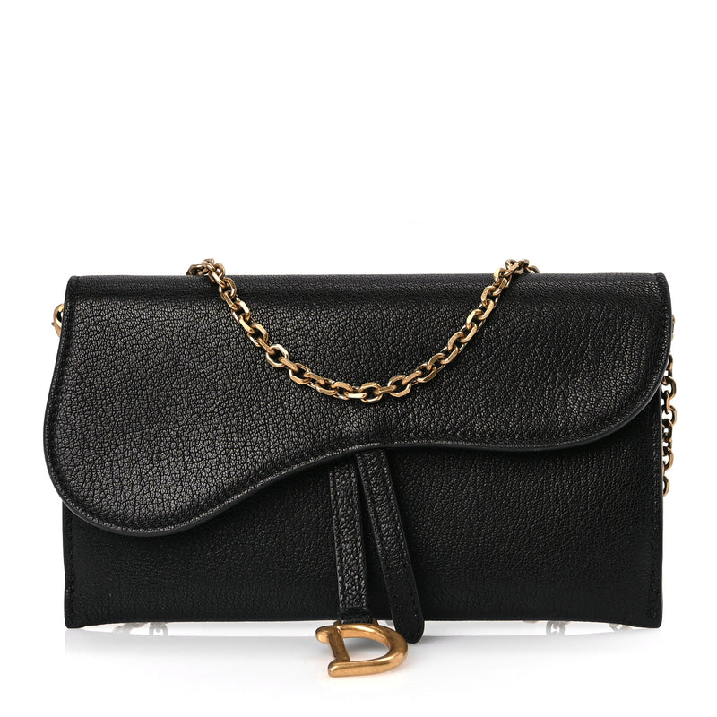  Christian Dior Goatskin Saddle Long Wallet With Chain Black