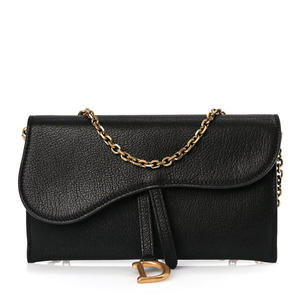 Christian Dior Goatskin Saddle Long Wallet With Chain Black | Luxe