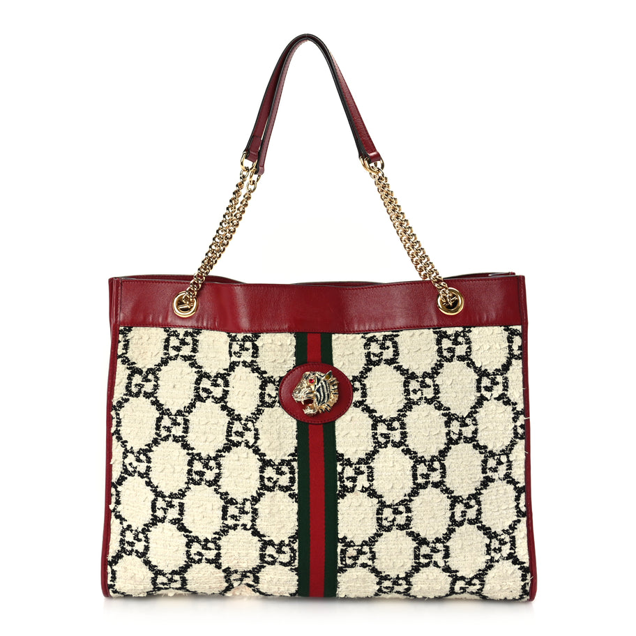 Gucci Tweed GG Monogram Large Rajah Chain Tote  White Black Romantic Cherry Image 1