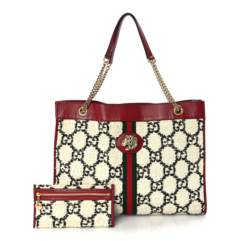  Gucci Tweed GG Monogram Large Rajah Chain Tote  White Black Romantic Cherry