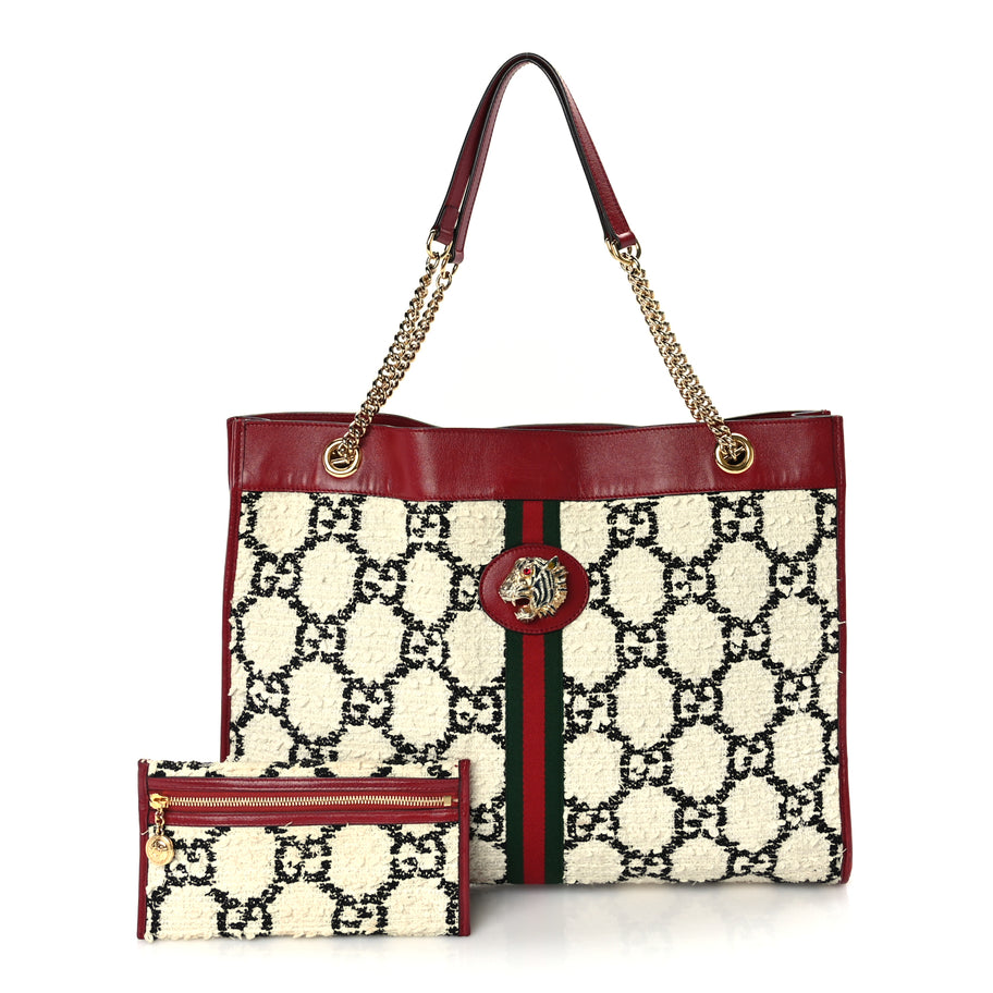 Gucci Tweed GG Monogram Large Rajah Chain Tote  White Black Romantic Cherry Image 2