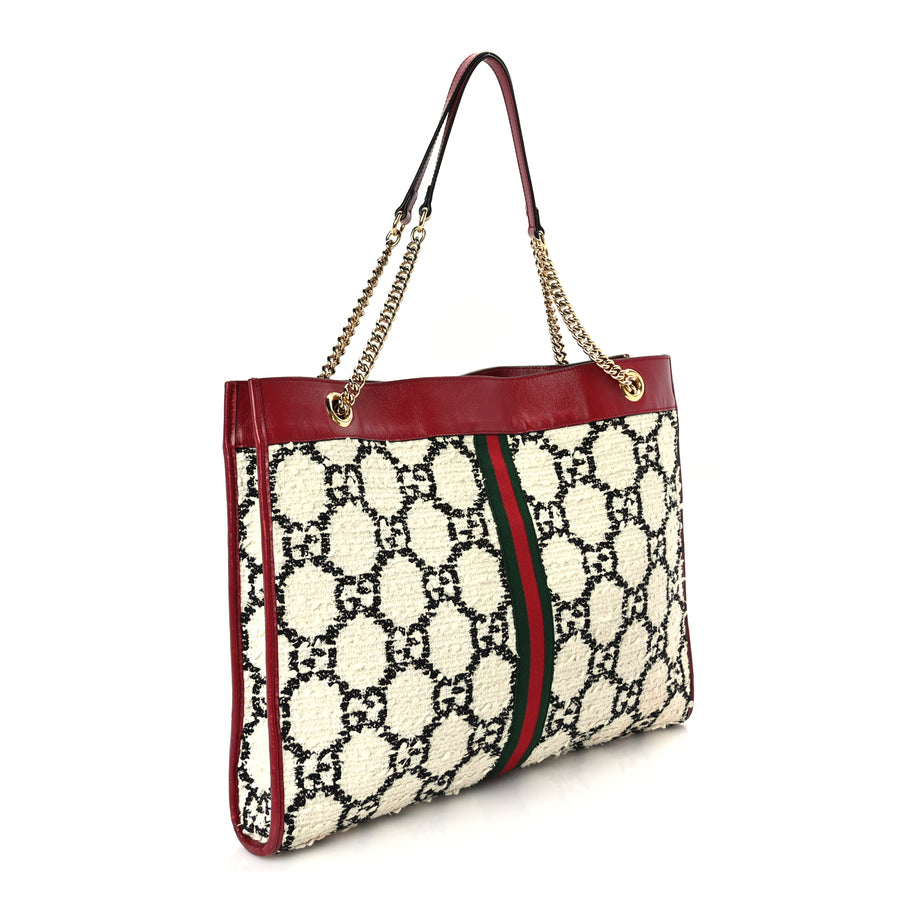 Gucci Tweed GG Monogram Large Rajah Chain Tote  White Black Romantic Cherry Image 3