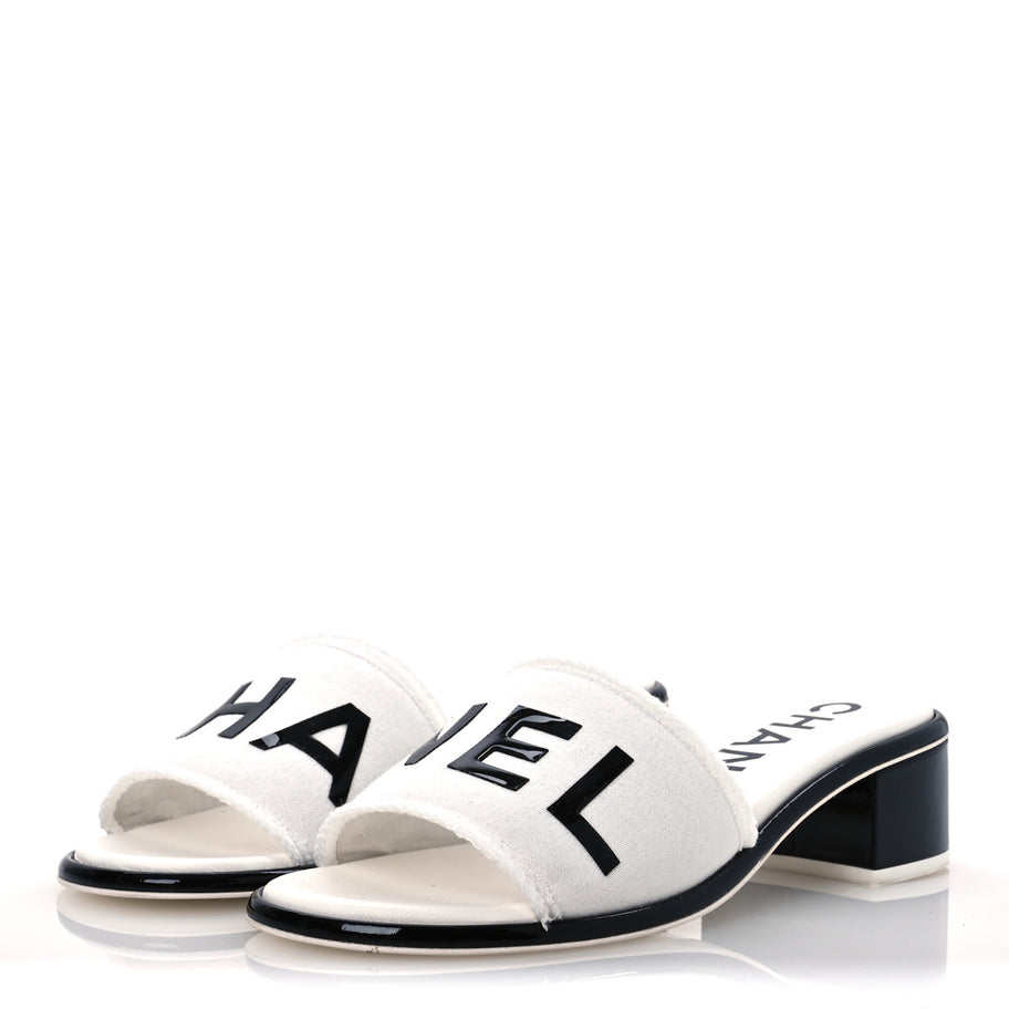 Chanel Cotton Logo Mule Sandals 39 White Black Image 4