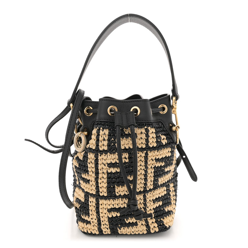  Fendi Raffia Vitello Seta F is FF Woven Mini Mon Tresor Bucket Bag Black Natural
