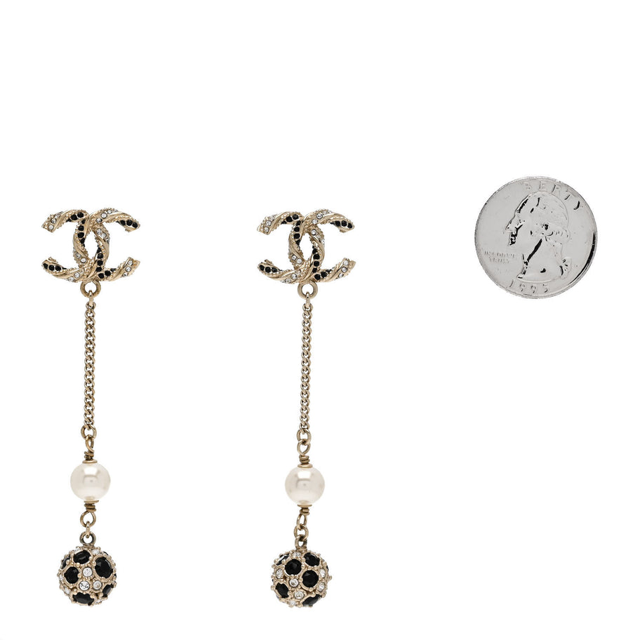 Chanel Crystal Pearl CC Ball Chain Drop Earrings Gold Black Image 2