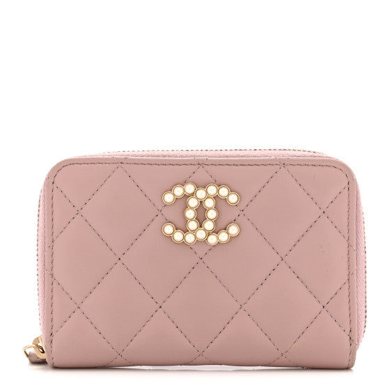 Chanel Lambskin Quilted Pearl CC Zip Around Coin Purse Wallet Pink Image 1