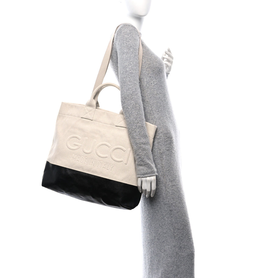 Gucci Canvas Logo Embossed Black Tote Beige Image 3