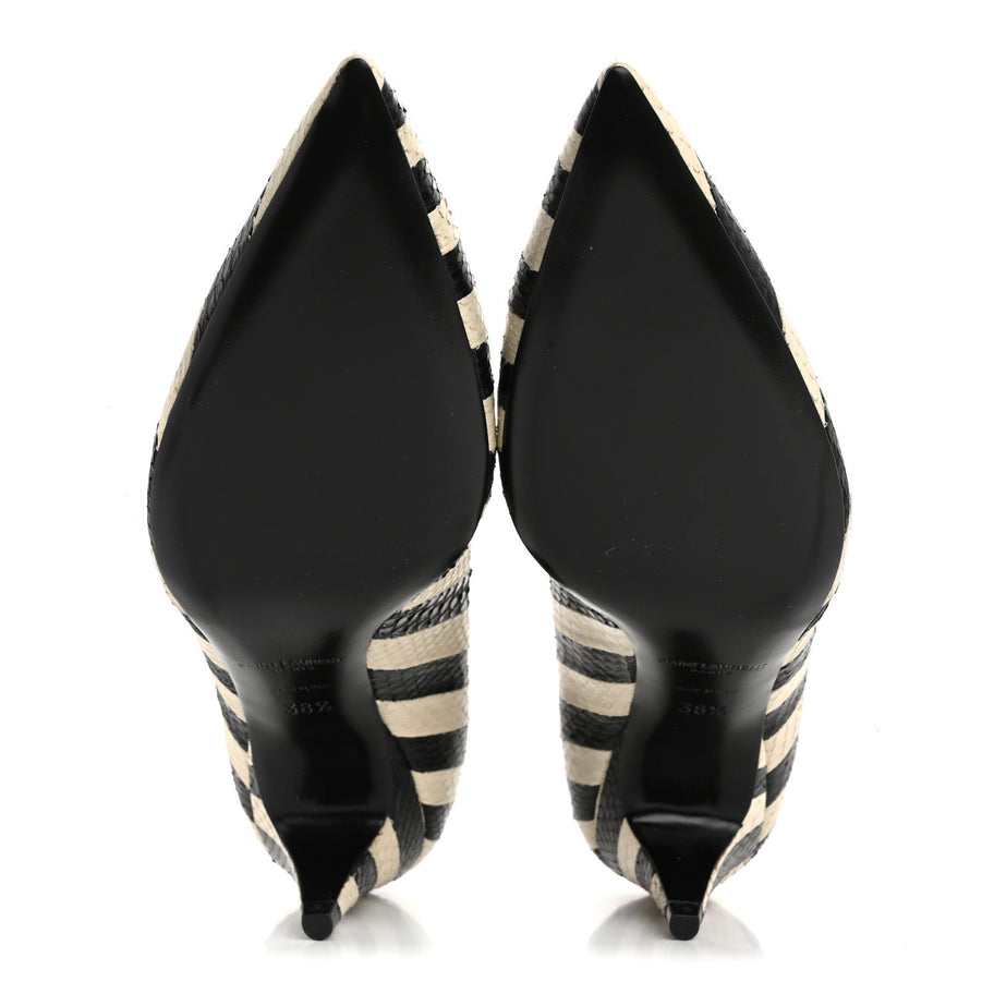 Saint Laurent Elaphe Snakeskin Striped Kiki Kitten Heel Pumps 38.5 Black Off White Image 6