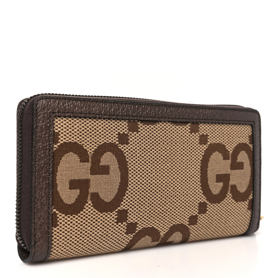 Gucci Monogram Jumbo GG Textured Dollar Calfskin Diana Zip Around Continental Wallet Camel Ebony New Acero Image 3