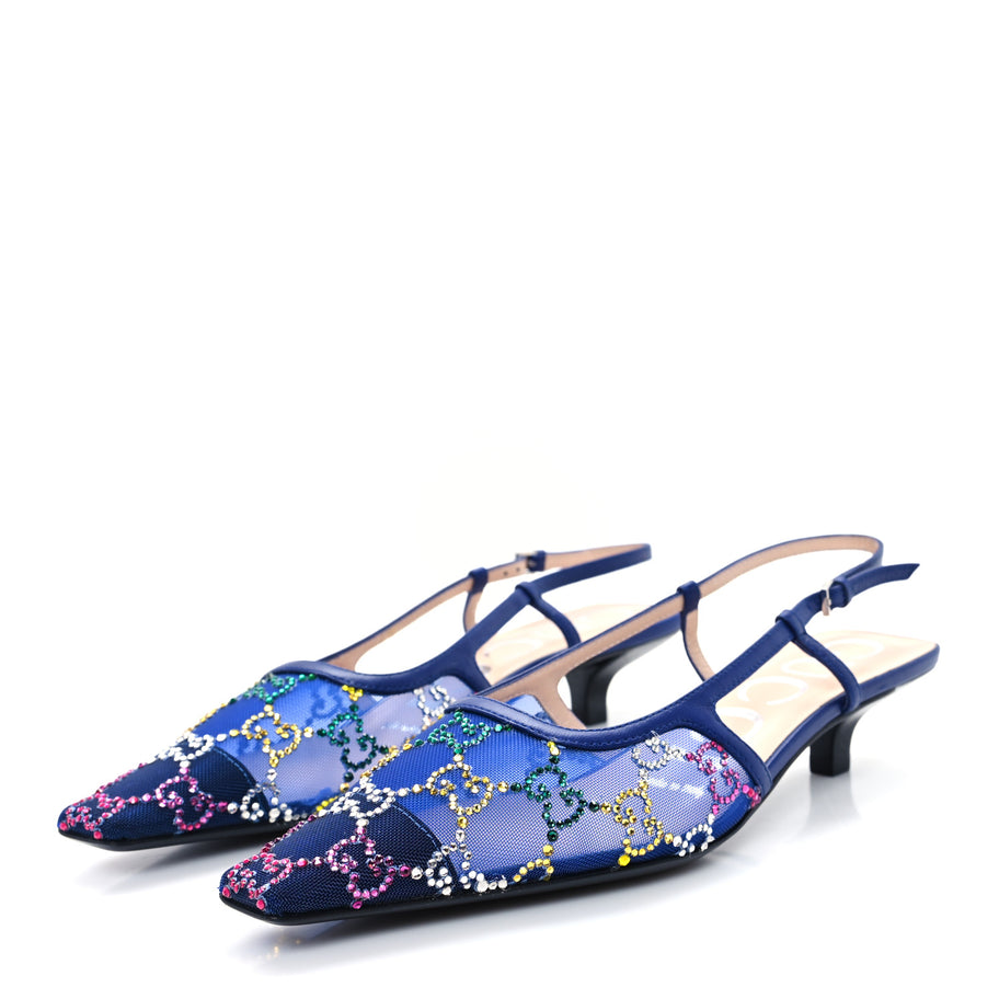 Gucci Tela Retino Nappa Charlotte Crystal GG Monogram Square G 35mm Slingback Pumps 35.5 Splash Net Blue Witch Image 4