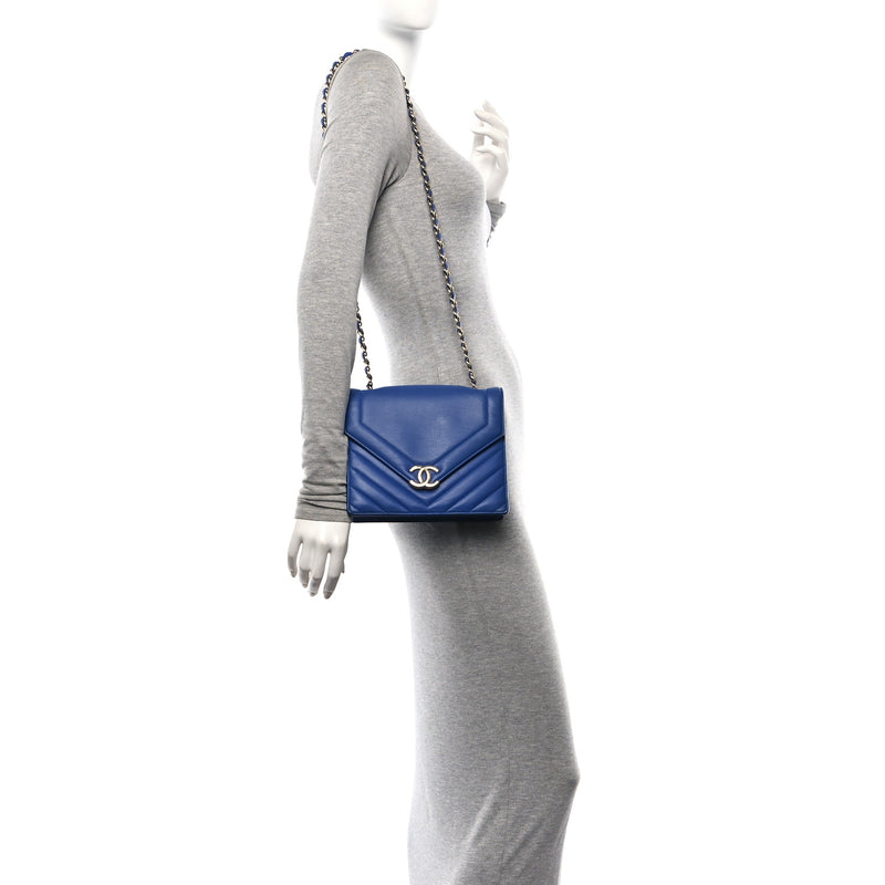  Chanel Calfskin Quilted Chevron Small Single Flap Blue