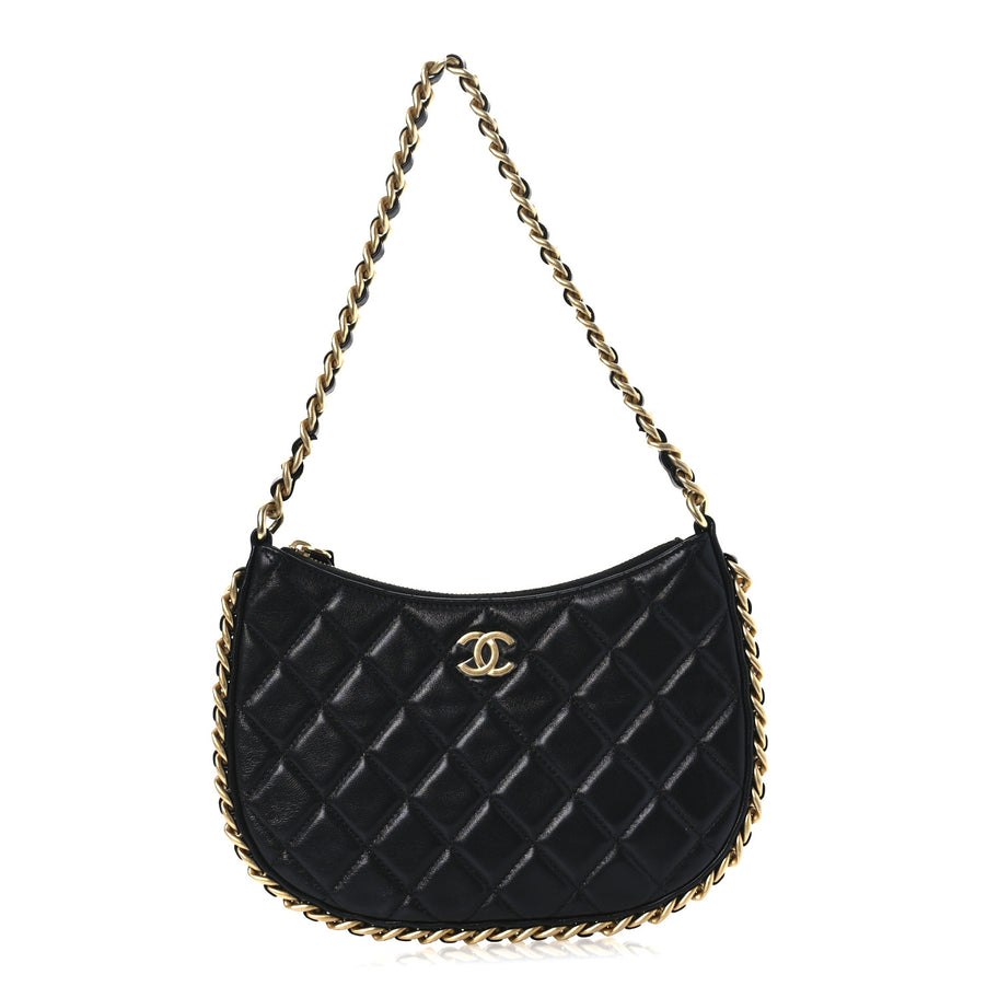 Chanel Shiny Crumpled Lambskin Quilted Trendy Chain Around Hobo Black Image 1