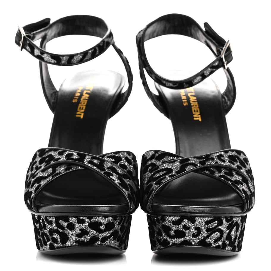 Saint Laurent Velvet Glitter Leopard Print Platform Sandals 37 Argento Black Image 3