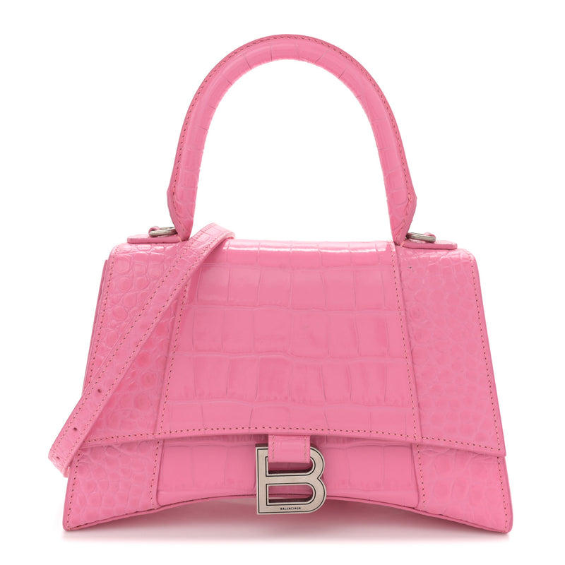  Balenciaga Shiny Calfskin Crocodile Embossed Small Hourglass Top Handle Bag Baby Pink