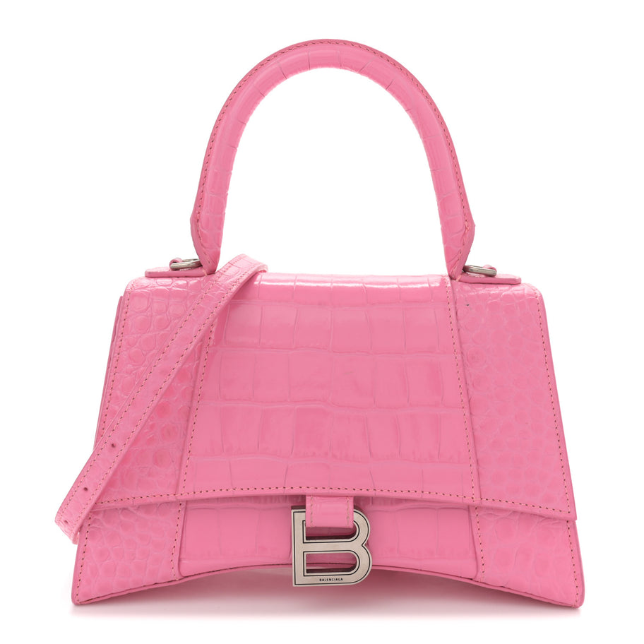 Balenciaga Shiny Calfskin Crocodile Embossed Small Hourglass Top Handle Bag Baby Pink Image 1
