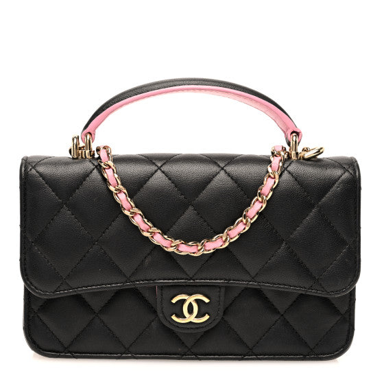 Chanel Lambskin Quilted Flap Phone Holder With Chain Black Lilac Image 1