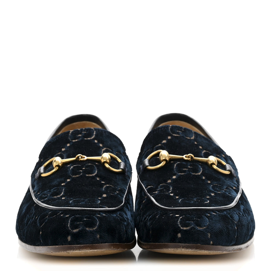 Gucci Velvet GG Monogram Horsebit Mens Jordaan Loafers 8.5 Blue Beige Image 3