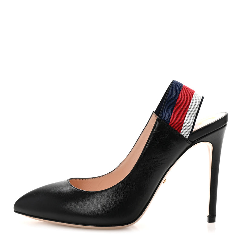  Gucci Malaga Kid Web Sylvie High Heel Slingback Pumps 37.5 Black