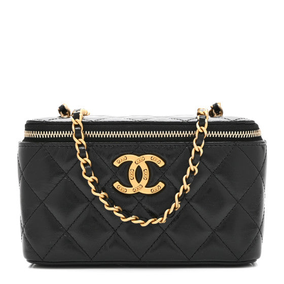  Chanel Shiny Lambskin Quilted Small Vanity Case With Chain Black
