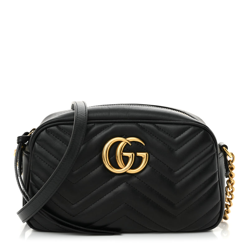  Gucci Calfskin Matelasse Small GG Marmont Chain Shoulder Bag Black