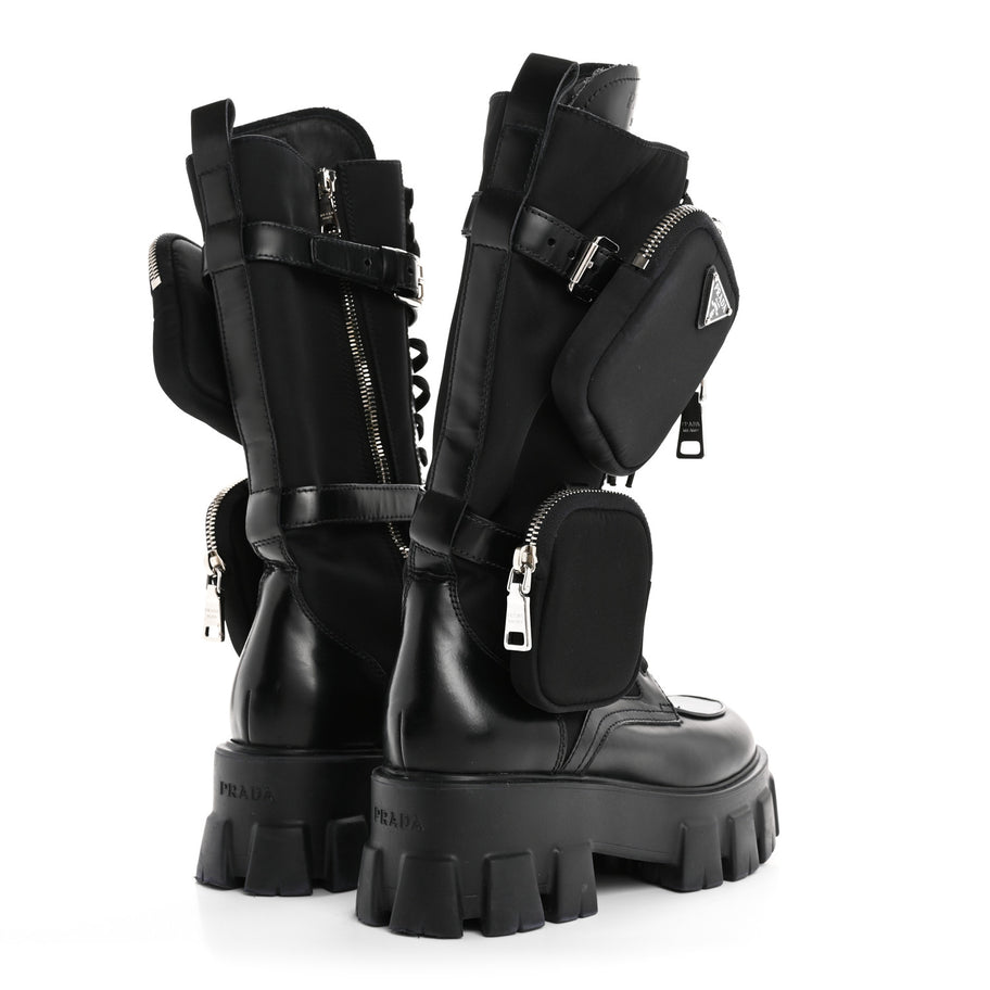 Prada Spazzolato Rois Re-Nylon Metal Triangle Logo Monolith Pouch Pocket 55mm Tall Combat Boots 36.5 Black Image 4