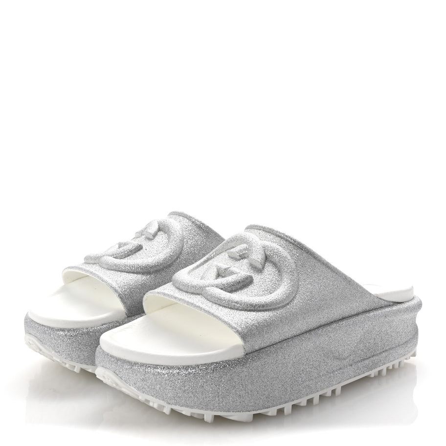 Gucci Glitter Rubber Womens InterLocking G Platform 42mm Slide Sandals 37 Silver Image 4