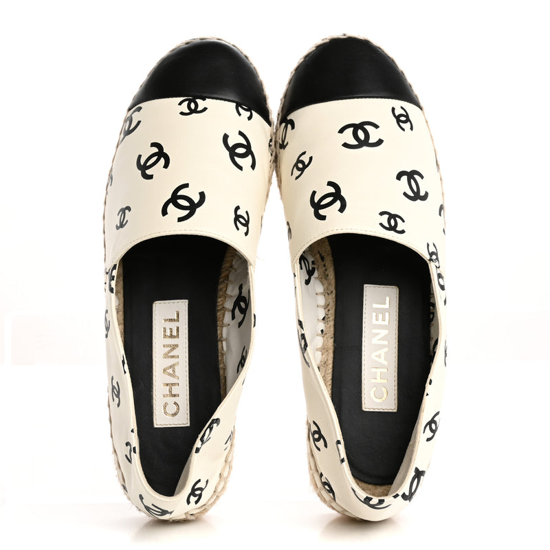  Chanel Lambskin Printed CC Espadrilles 38 White Black