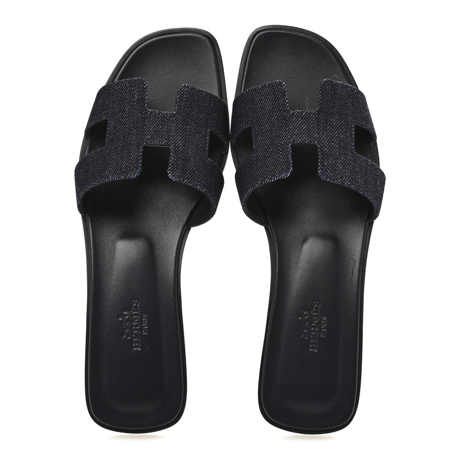 Hermes Denim Canvas Oran Sandals 37.5 Bleu Brut Image 2