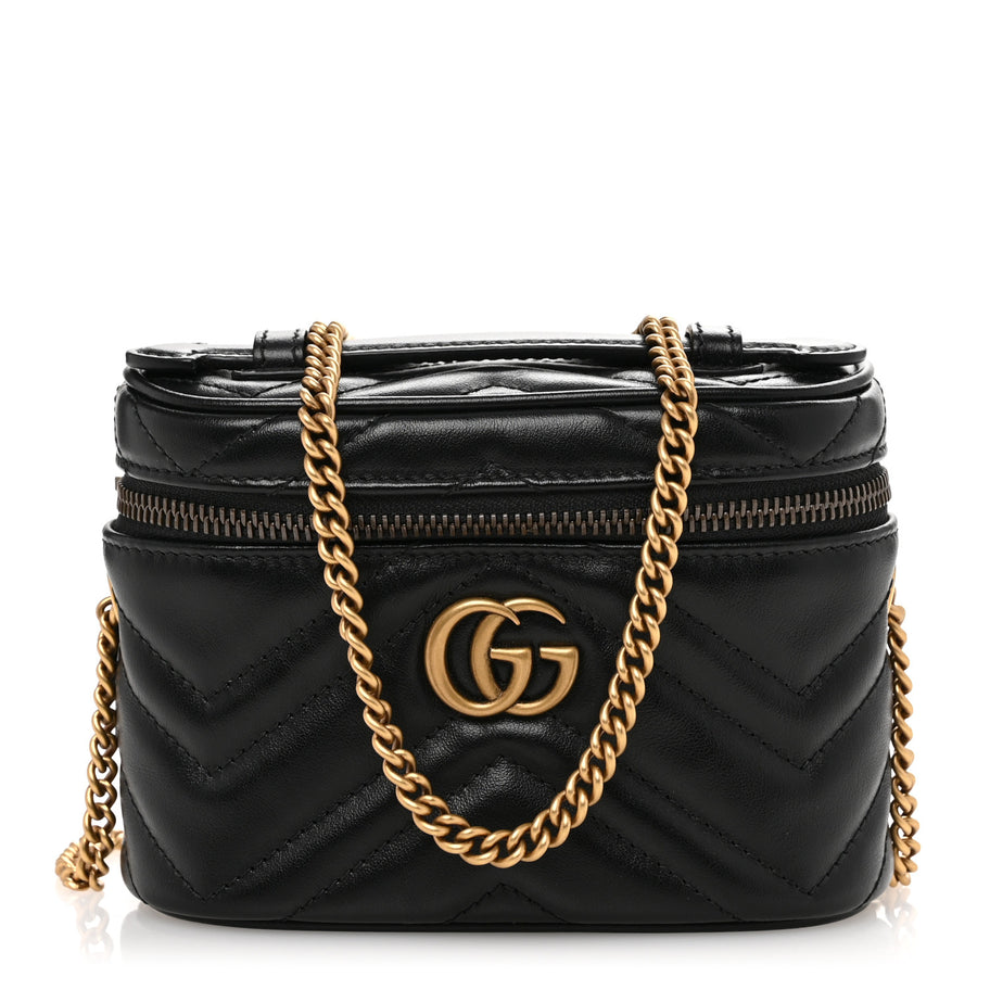 Gucci Calfskin Matelasse Chevron Mini GG Marmont Top Handle Bag Black Image 1