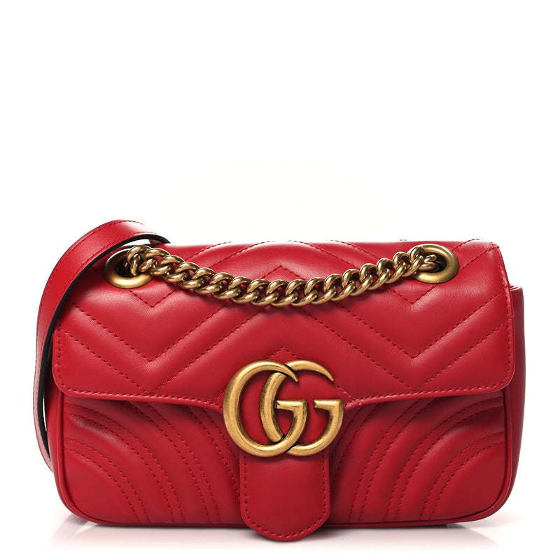  Gucci Calfskin Matelasse Mini GG Marmont Shoulder Bag Hibiscus Red