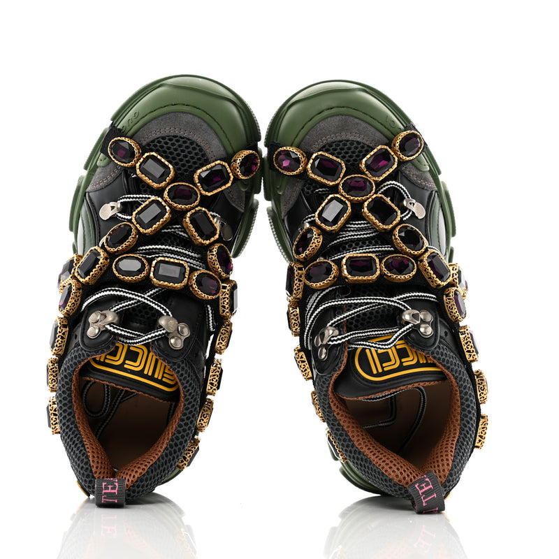  Gucci X SEGA Mesh Suede Calfskin Removable Crystals Flashtrek Sneakers 35.5 Loess Black Olive Green