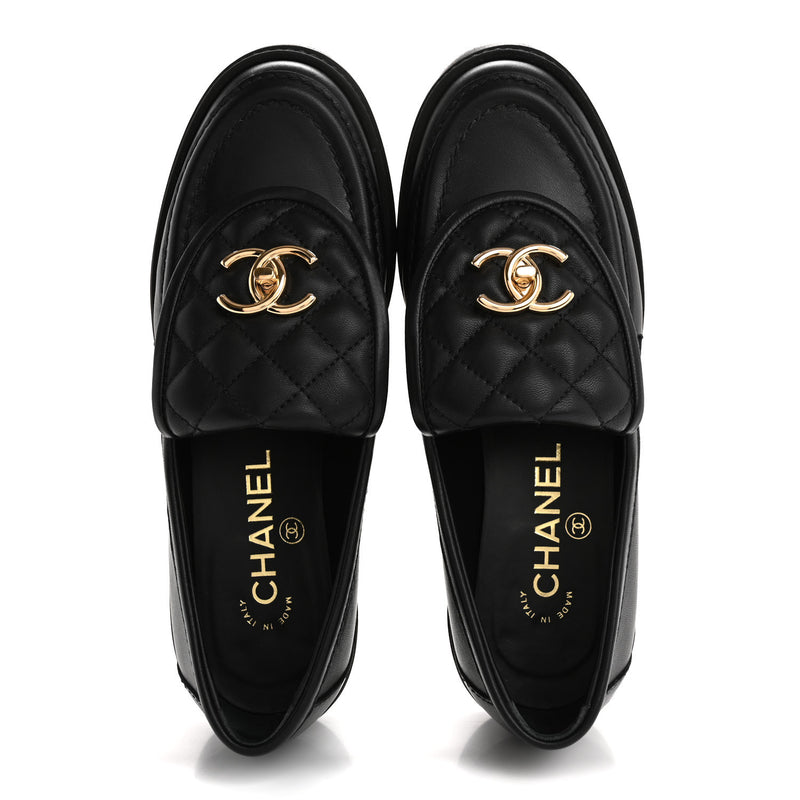  Chanel Lambskin Quilted CC TurnLock Loafers 36 Black