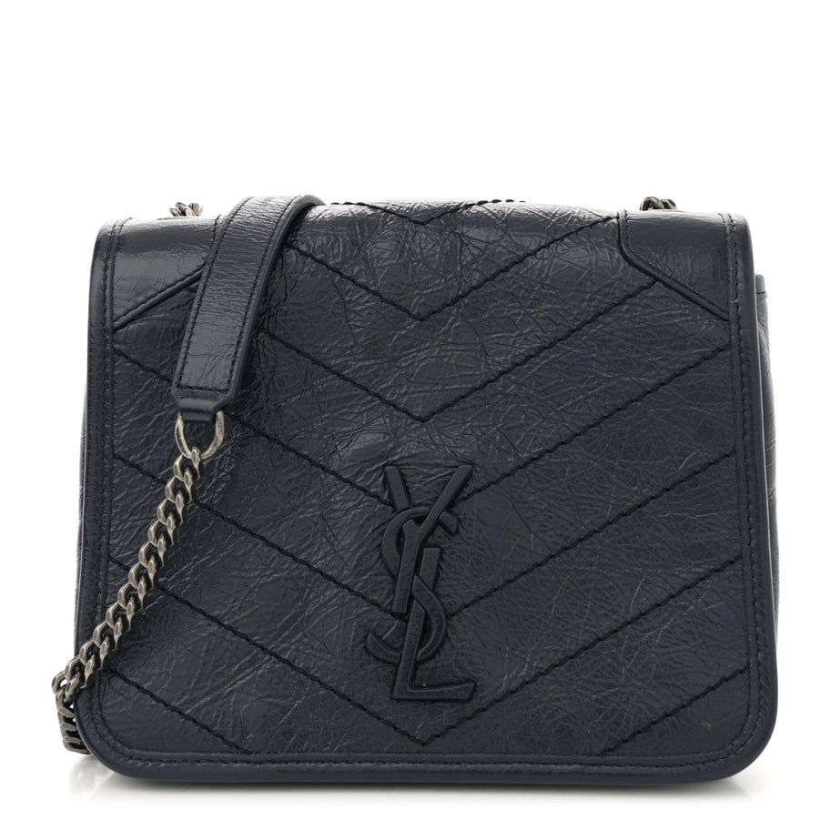 Saint Laurent Crinkled Calfskin Matelasse Monogram Niki Chain Wallet Deep Marine Image 1