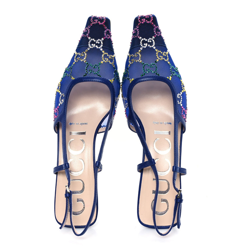  Gucci Tela Retino Nappa Charlotte Crystal GG Monogram Square G 35mm Slingback Pumps 35.5 Splash Net Blue Witch