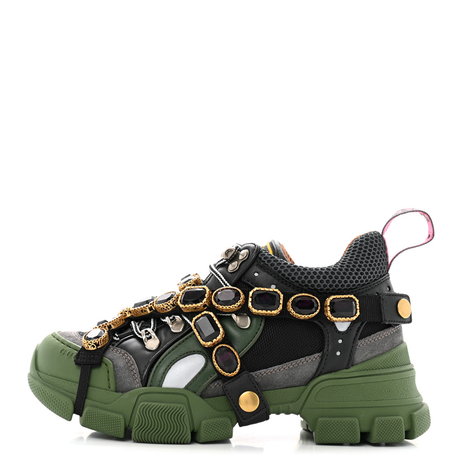 Gucci X SEGA Mesh Suede Calfskin Removable Crystals Flashtrek Sneakers 35.5 Loess Black Olive Green Image 1