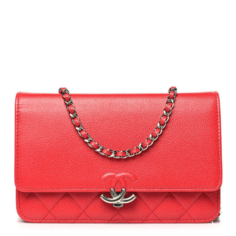  Chanel Grained Calfskin Quilted CC Box Wallet On Chain WOC Red