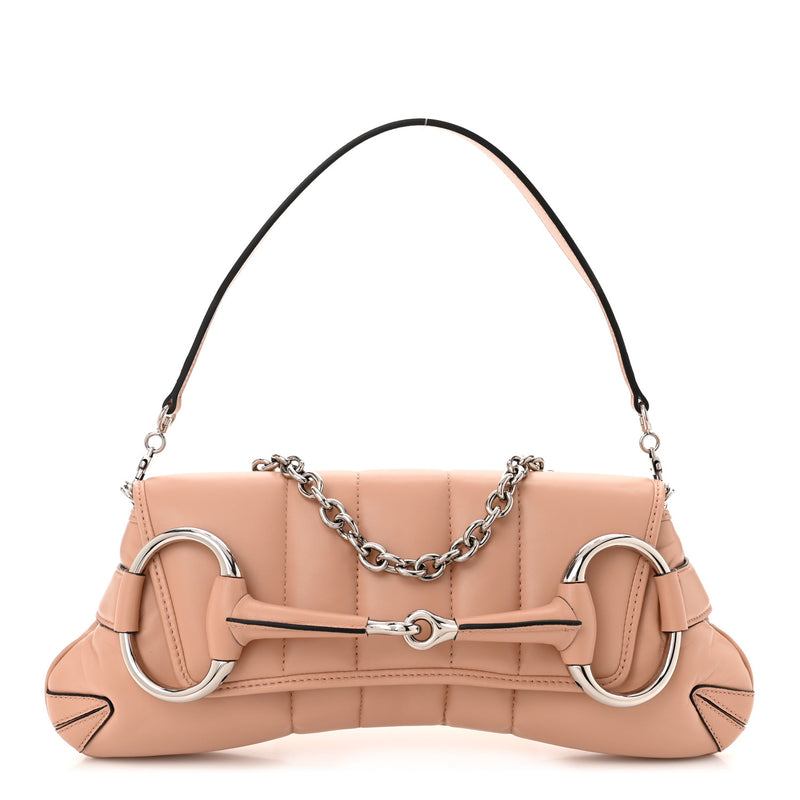  Gucci Nappa Vertical Matelasse Medium Maxi Horsebit Chain Shoulder Bag Rose Beige