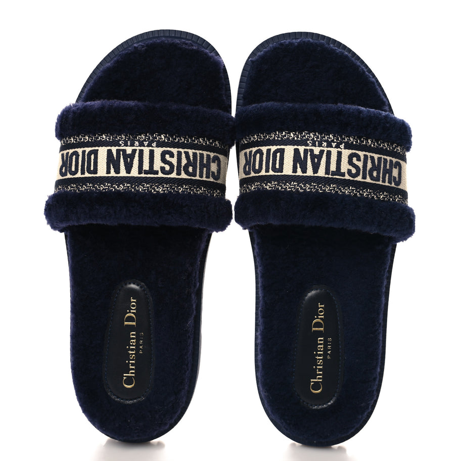 Christian Dior Shearling Canvas Lurex Embroidered Dway 10mm Slide Sandals 41 Navy Natural Image 2