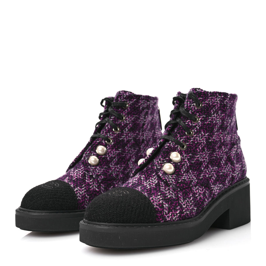 Chanel Tweed Pearl Combat Short Boots 38 Purple Black Image 3