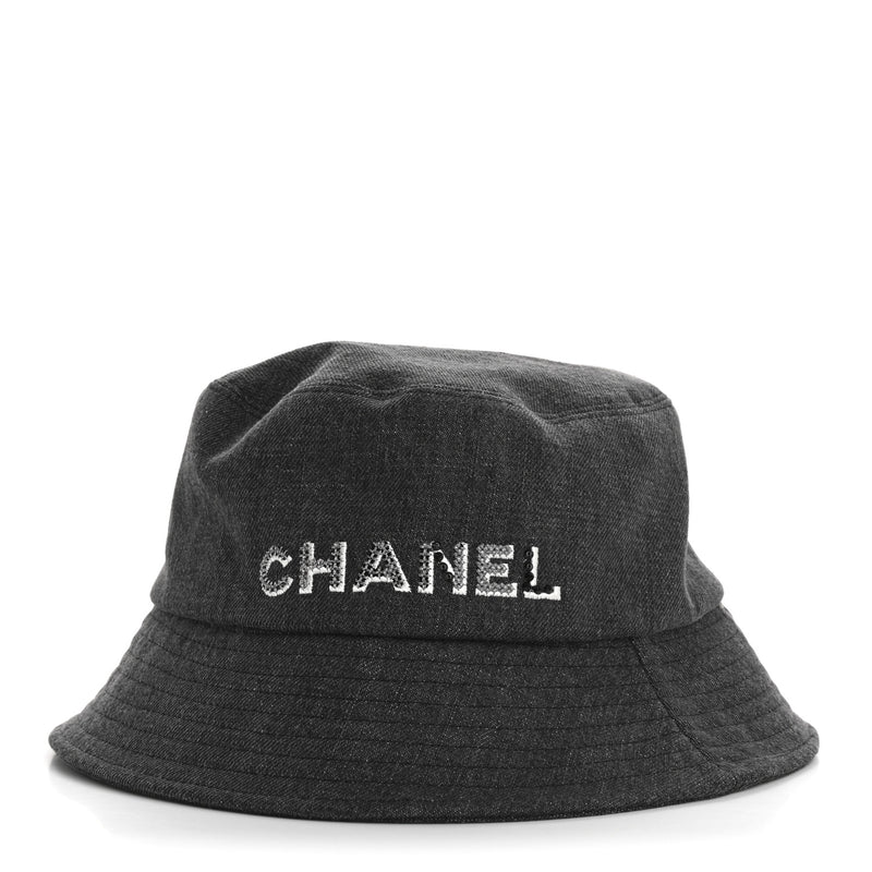  Chanel Denim Sequin Cloche Logo Bucket Hat M Black